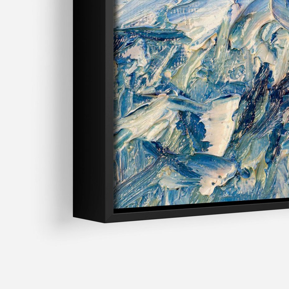 Obraz w ramie 70x100 - Majestat Błękitnych Szczytów - olejny obraz, górski pejzaż - rama czarna