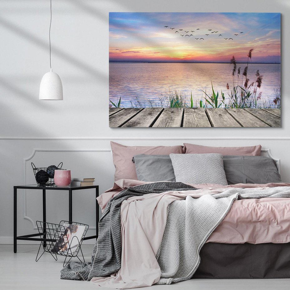 Obraz na płótnie 100x70 - Romantyczny zachód słońca nad morzem z ptakami - zachód, słońca