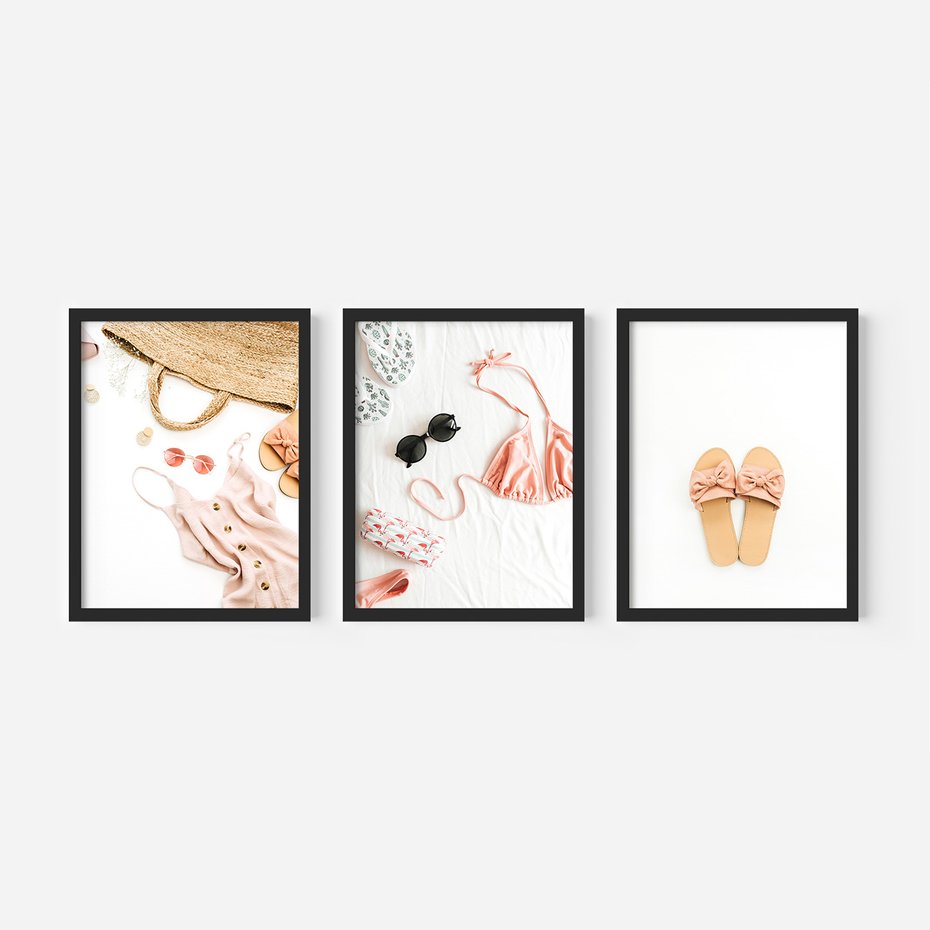 Zestaw obrazy w ramie 50x70 galeria - Wakacje, klapki, torba, moda - rama czarna