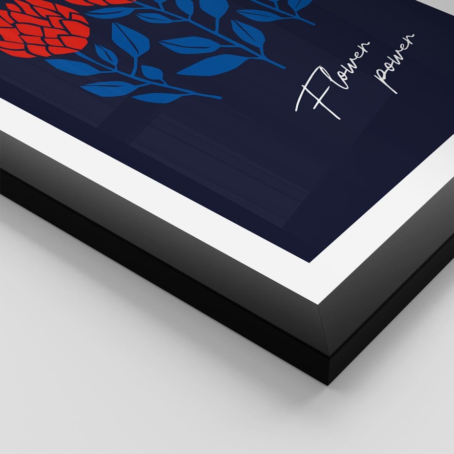 Plakat w ramie 40x50 - Podróżne Barwy - czerwone abstrakcyjne kwiaty, granatowe tło - rama czarna