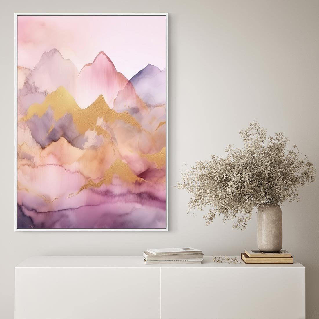 Obraz w ramie 70x100 - Pastelowe Wzgórza - pastelowe, różowe góry - rama biała
