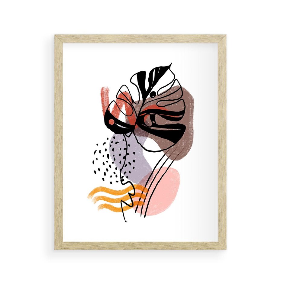 Plakat w ramie 40x50 - Wibracje Abstrakcyjnych Form - abstrakcyjna sztuka, liść monstery - rama drewno