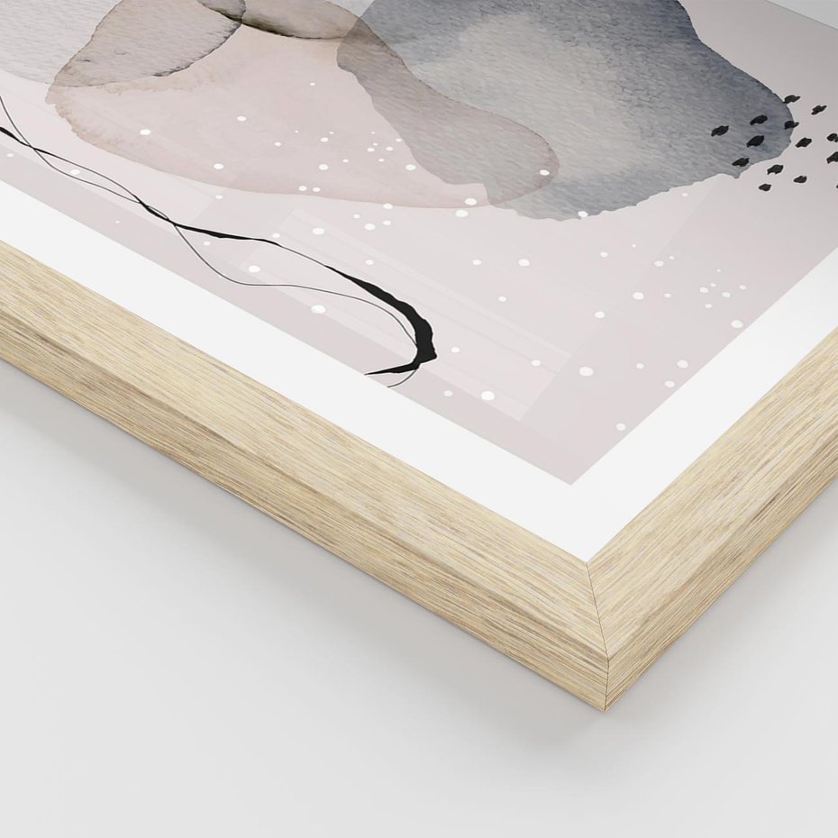 Plakat w ramie 50x70 - Migocące Barwy - abstrakcyjne plamy akwarelowe, czarny szkic - rama drewno