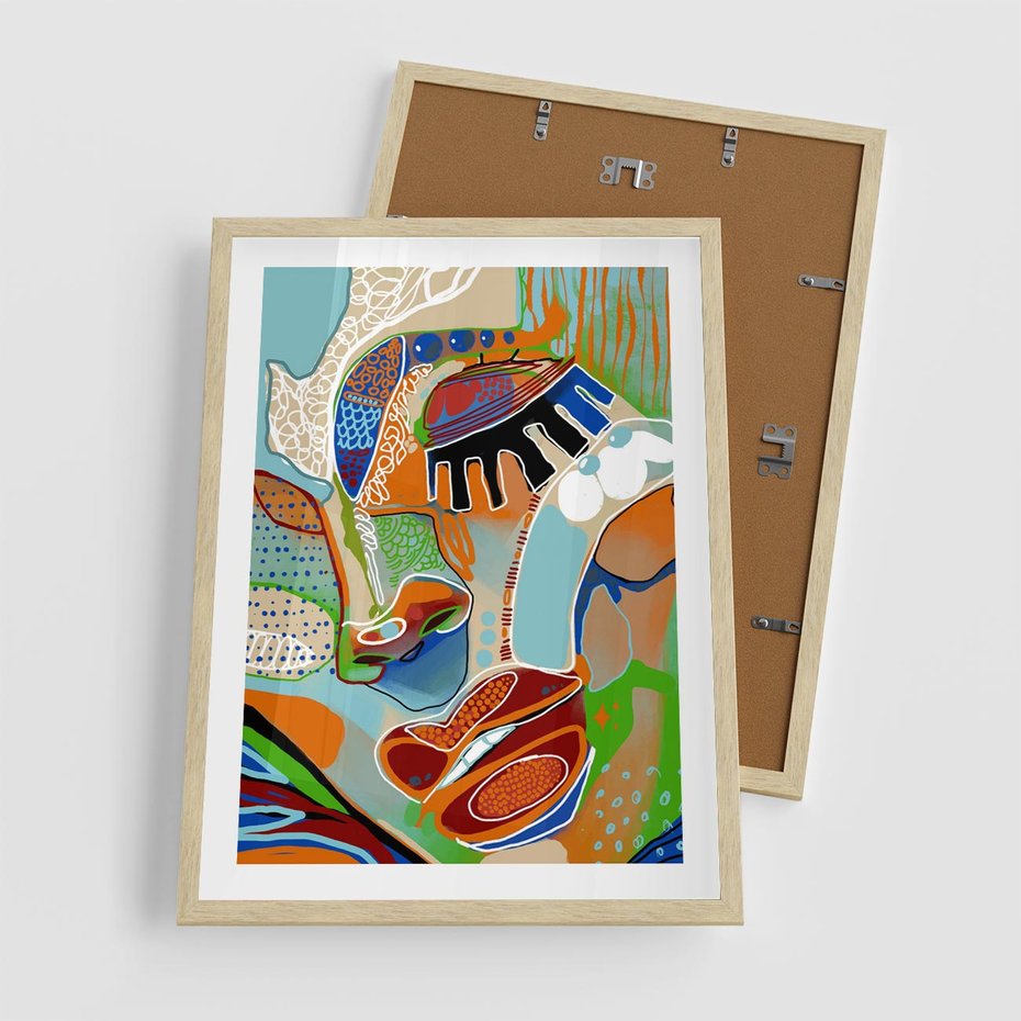 Plakat w ramie 50x70 - Wibracje Kształtów - abstrakcyjny portret kobiety, twarz - rama drewno