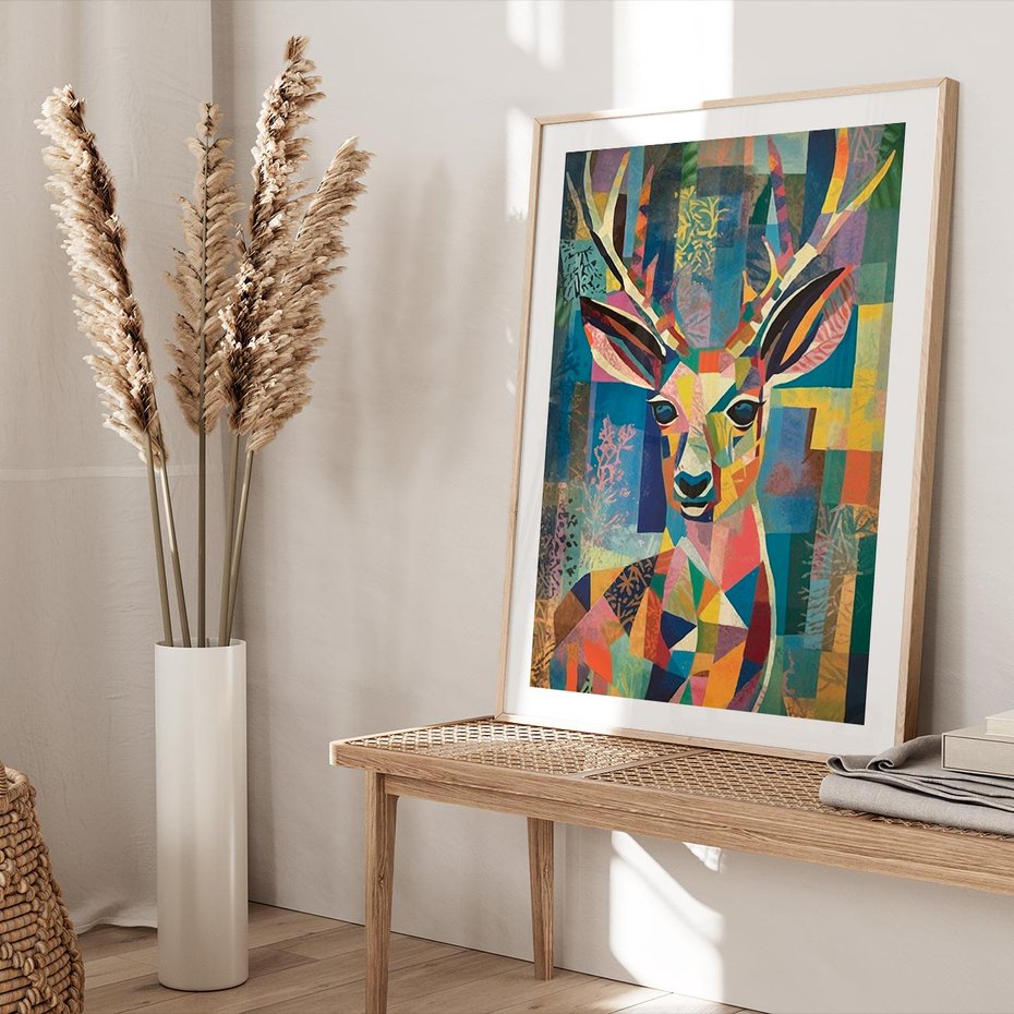 Plakat w ramie 30x40 - Bezgraniczne Kontury Zaskoczenia - abstrakcyjny obraz olejny, jeleń - rama drewno