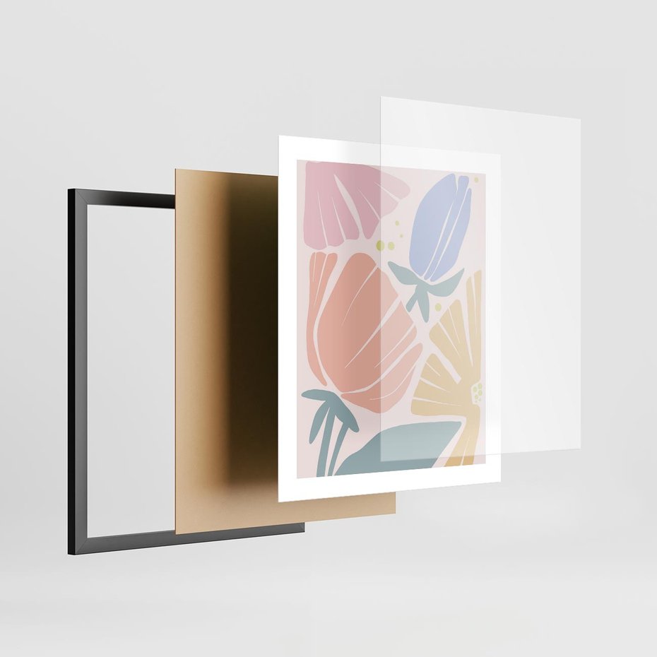 Plakat w ramie 40x50 - Rozkwitające Harmonie Natury - pastelowe kwiaty, na beżowym tle - rama czarna