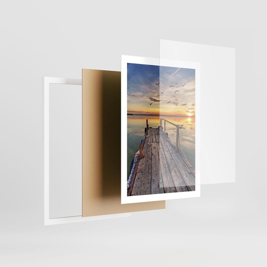 Plakat w ramie 50x70 - Spokojny pomost nad jeziorem - pomost, jezioro - rama biała