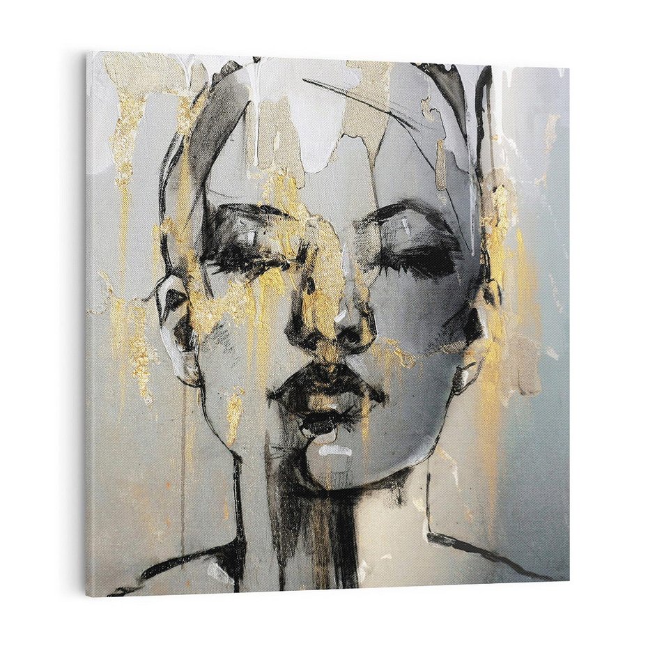 Obraz na płótnie 70x70 - Kobieta - Abstrakcyjne Malowidło - złote, usta abstrakcja