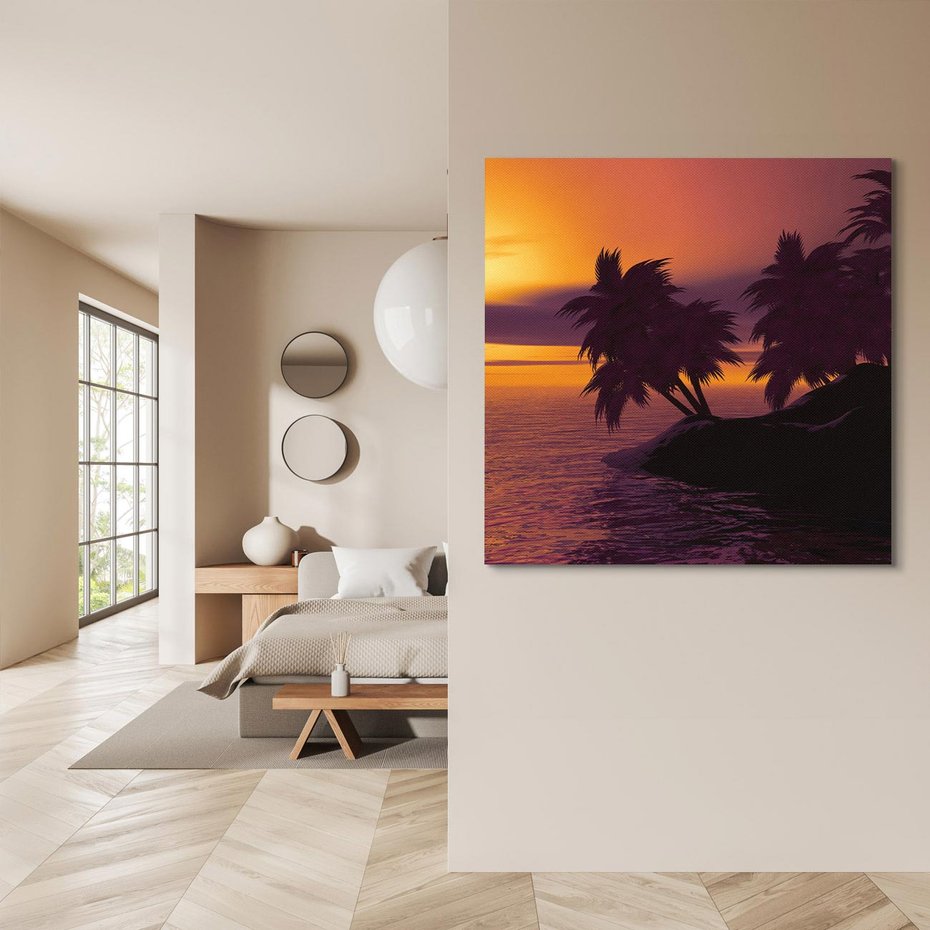 Obraz na płótnie 40x40 - Zachód słońca - Palmy nad morzem - zachód słońca, palmy