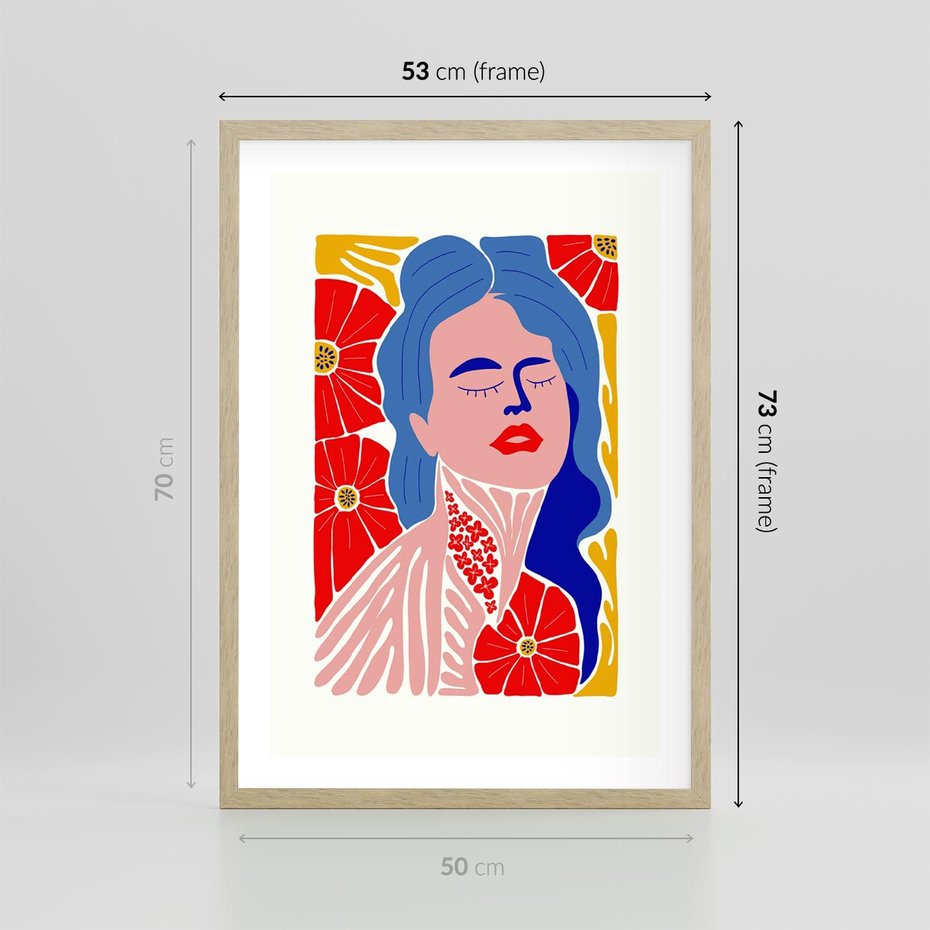 Plakat w ramie 50x70 - Nowoczesna Twarz - nowoczesna grafika, kolorowa twarz kobiety - rama drewno