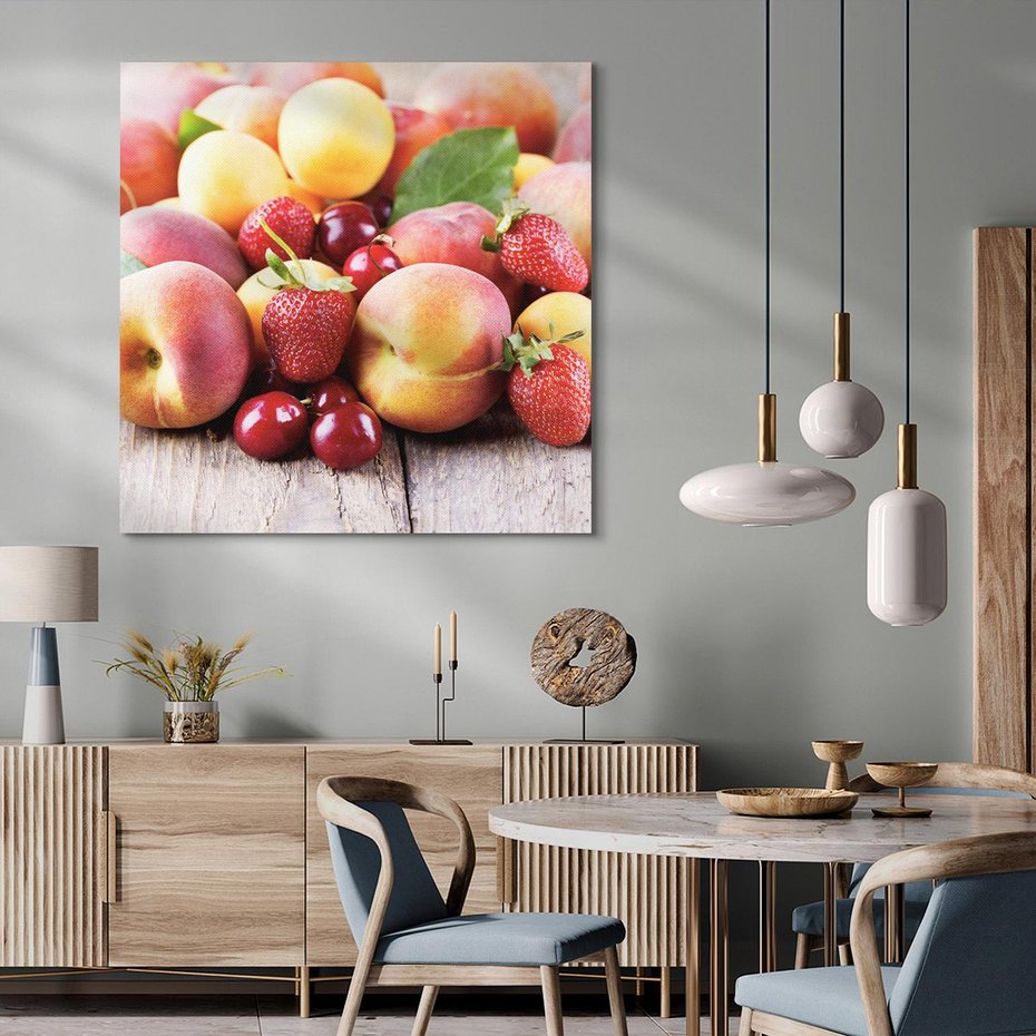 Obraz na płótnie 50x50 - brzoskwinie i wiśnie - owoce, brzoskwinie