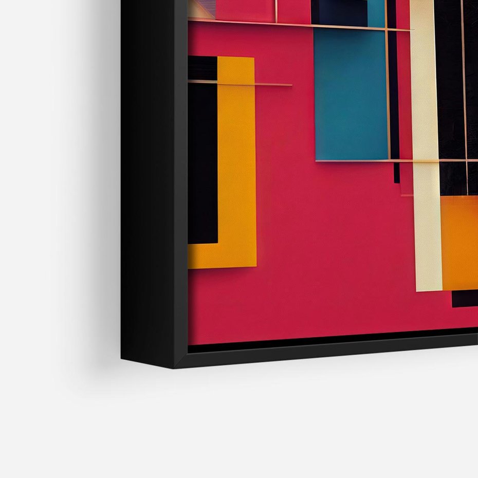 Obraz w ramie 50x50 - Przejście przez labirynt myśli - kolorowa abstrakcja, instalacja z prostokątów i lini - rama czarna