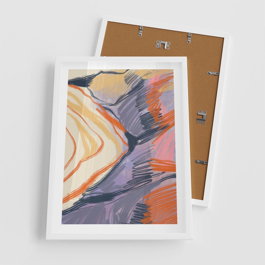 Plakat w ramie 50x70 - Pokreślony Świat - abstrakcyjne formy, odcienie pomarańczu i fioletu - rama biała