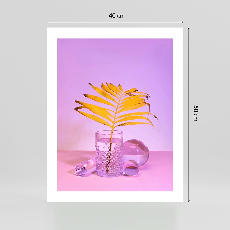 Plakat bez ramy 40x50 - Neonowy Liść Palmy na Fotografii - neonowa fotografia, liść palmy w szklance