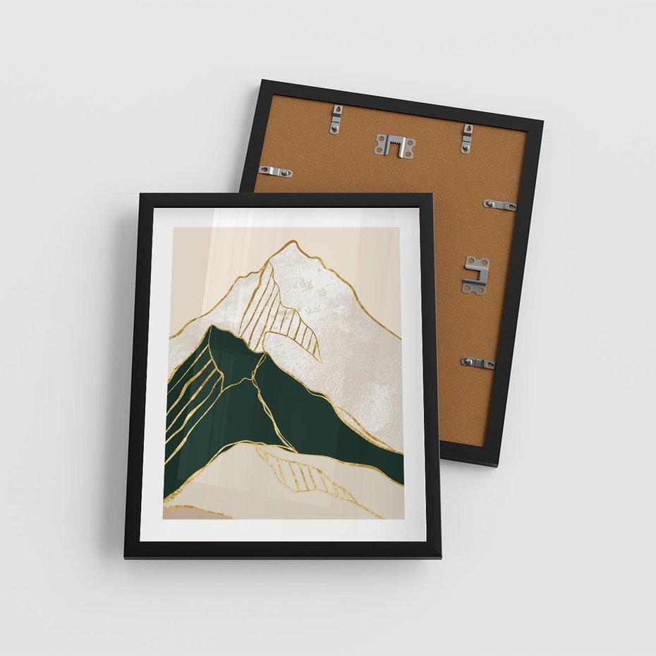 Plakat w ramie 40x50 - Minimalistyczne Góry: Złota Sztuka Natury - minimalistyczna grafika, góry - rama czarna