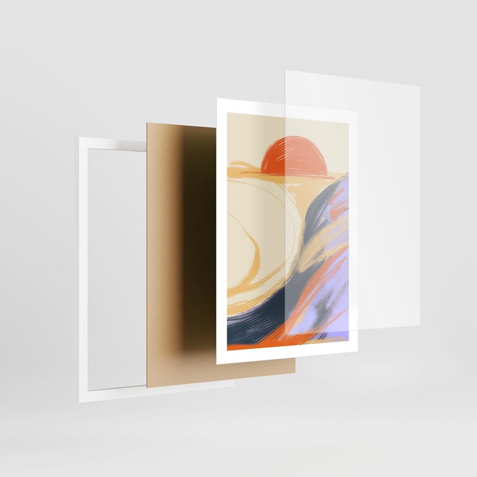 Plakat w ramie 50x70 - Pomarańczowy Horyzont - pastelowy krajobraz, nowoczesny plakat - rama biała