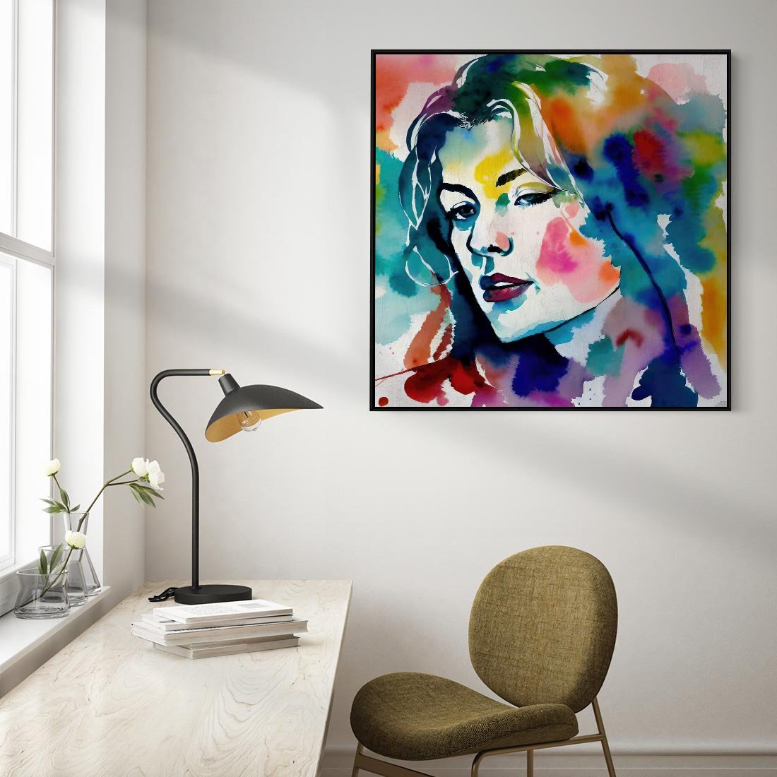 Obraz w ramie 50x50 - Abstrakcyjna ekstaza barw - abstrakcyjny portret kobiety, szkic czarną kreską - rama czarna