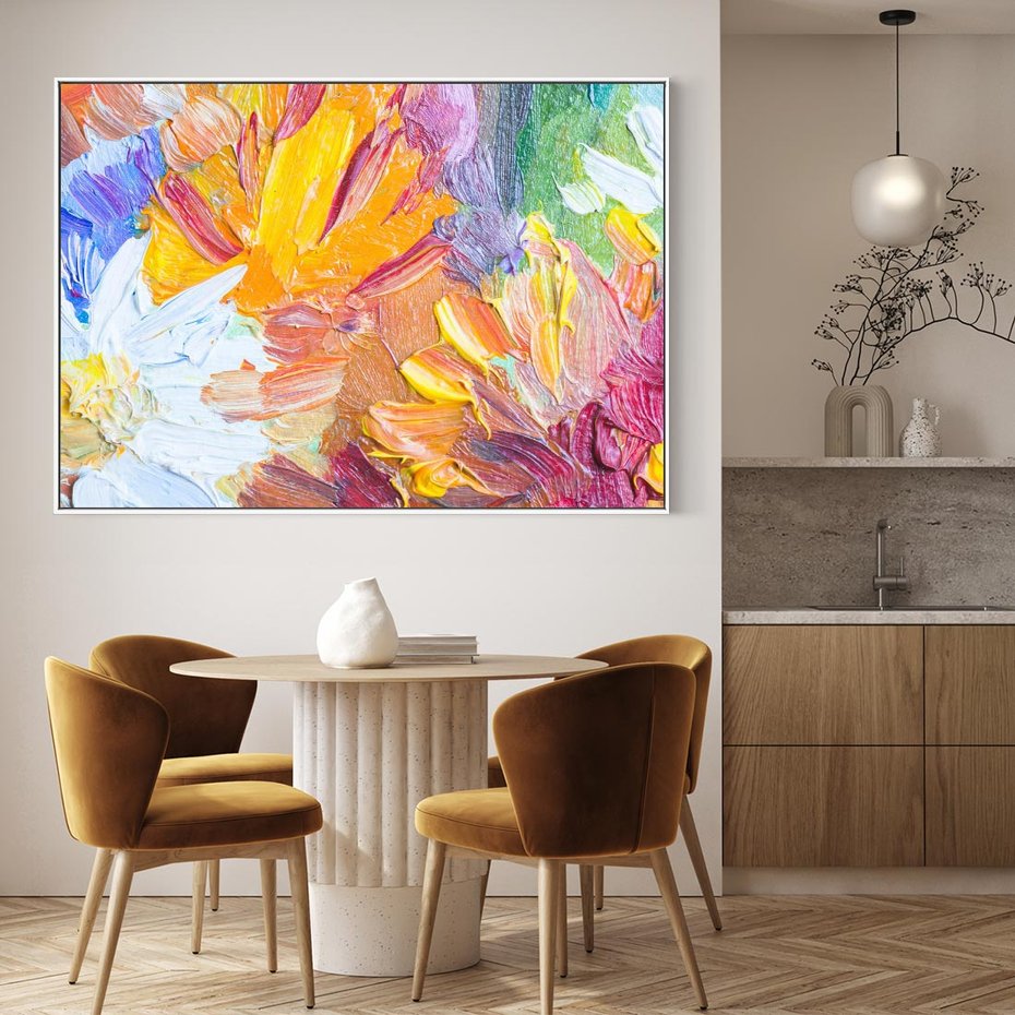 Obraz w ramie 100x70 - Kwiatowe Harmonie - zbliżenie na obraz olejny, gruba warstwa farby - rama biała