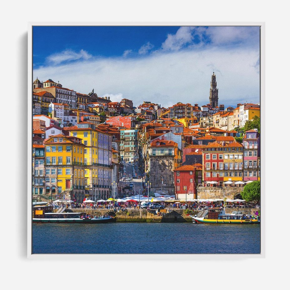 Obraz w ramie 80x80 - Kolorowa Przystań - nadmorskie miasto, kolorowe budynki - rama biała