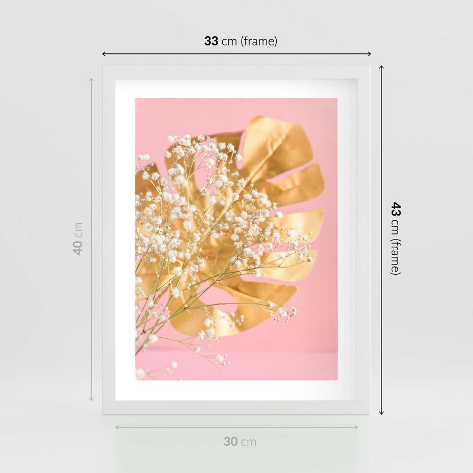 Plakat w ramie 30x40 - : Elegancja w Złocie - złote, liście - rama biała