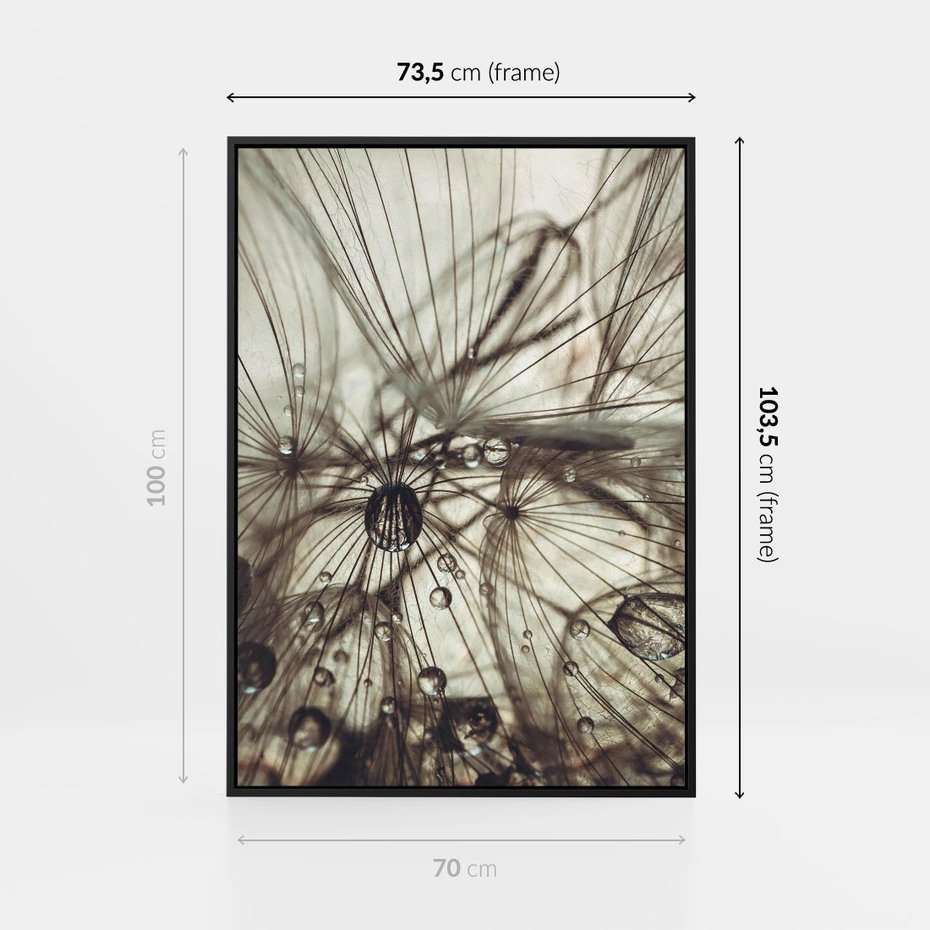 Obraz w ramie 70x100 - Lekkie dmuchawce - dmuchawce, krople - rama czarna