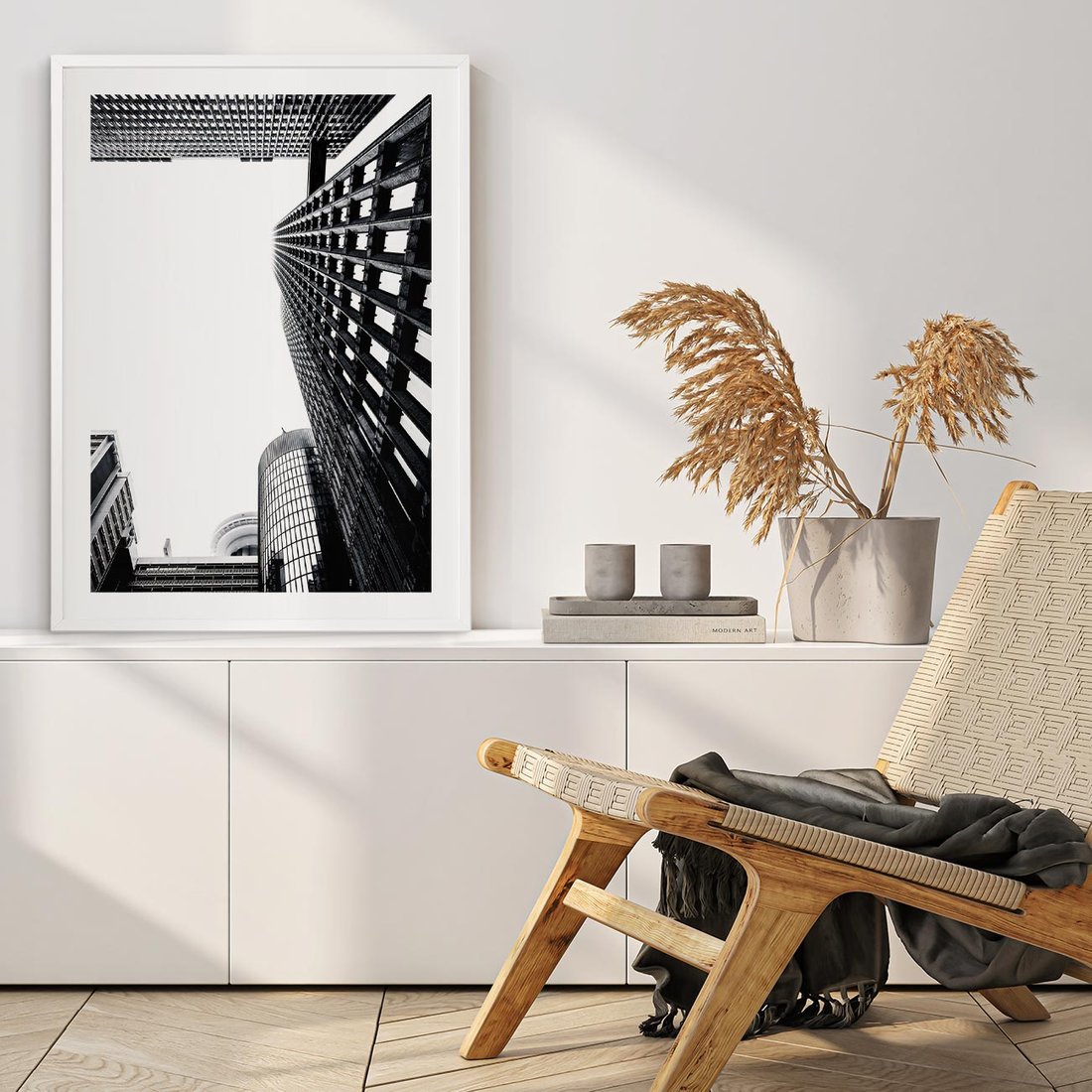 Plakat w ramie 50x70 - Monochromatyczna Sceneria Wieżowców - architektura, wieżowce - rama biała