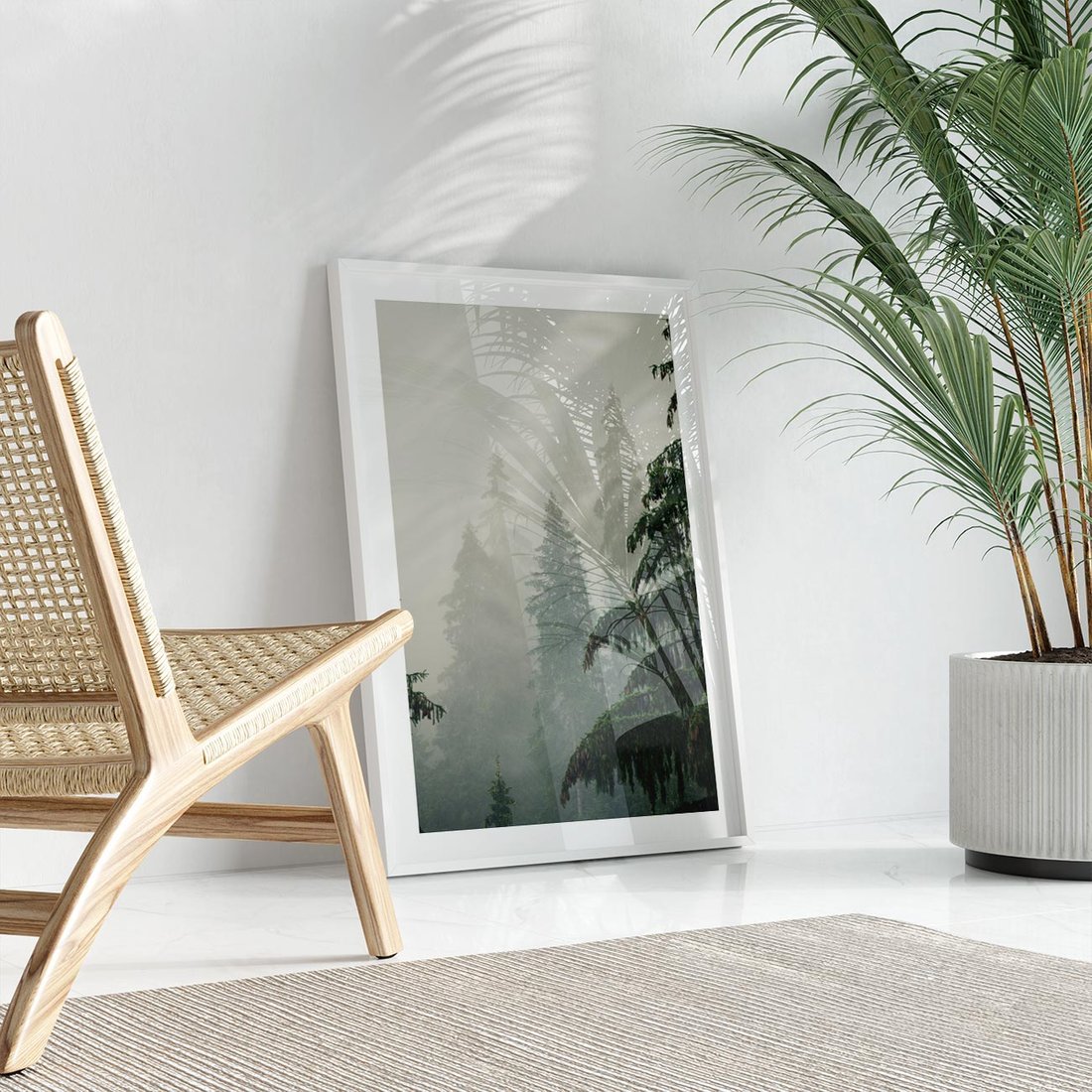 Plakat w ramie 30x40 - Mglista przemiana lasu - las, mgła - rama biała