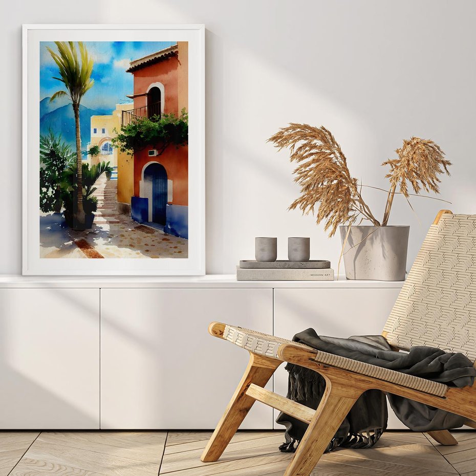 Plakat w ramie 30x40 - Spokój Miasta nad Morzem - akwarela, sródziemnomorski klimat - rama biała