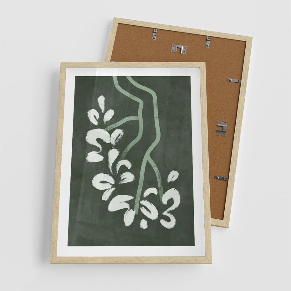Plakat w ramie 50x70 - Rozkwitające Zielone Gałęzie - abstrakcyjne delikatne zielone linie, podobne do gałęzi kwiatów - rama drewno