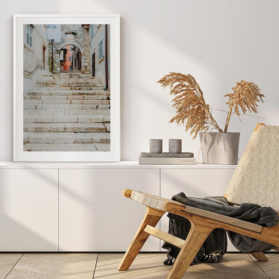 Plakat bez ramy 21x30 - Schody we Włoskim Miasteczku - schody, śródziemnomorskie miasteczko