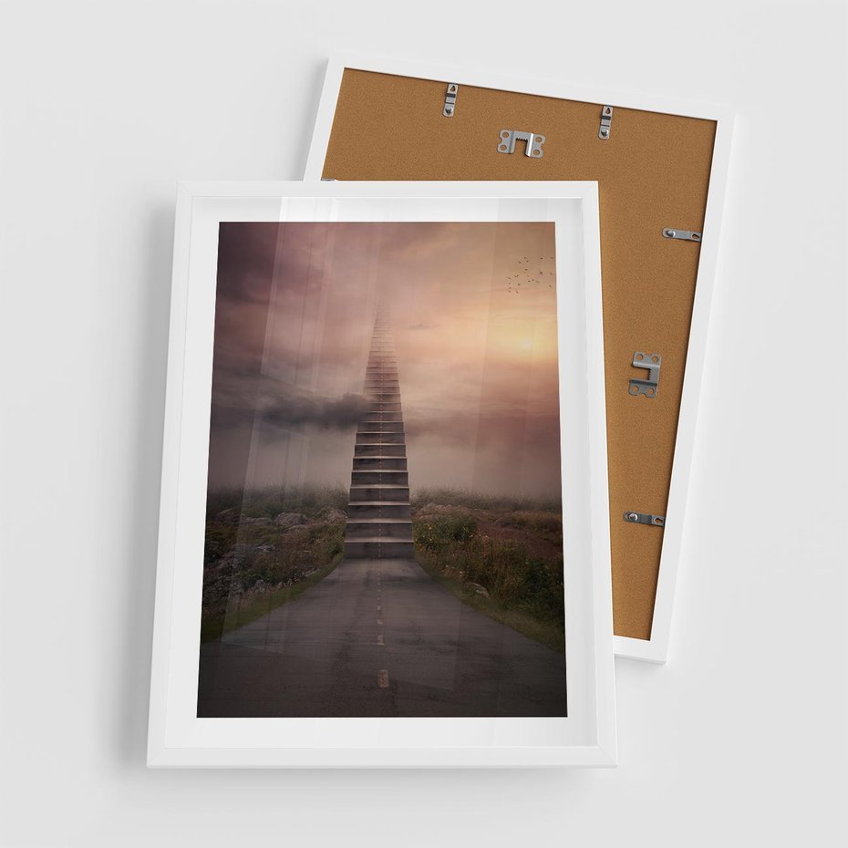 Plakat w ramie 50x70 - Wędrówka po malowniczej drodze - droga, schody - rama biała