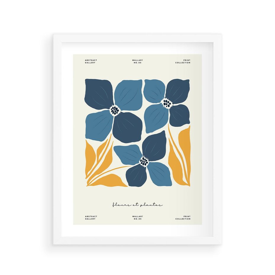 Plakat w ramie 40x50 - Błękitne Nowości - niebieskie kwiaty, nowoczesna sztuka - rama biała