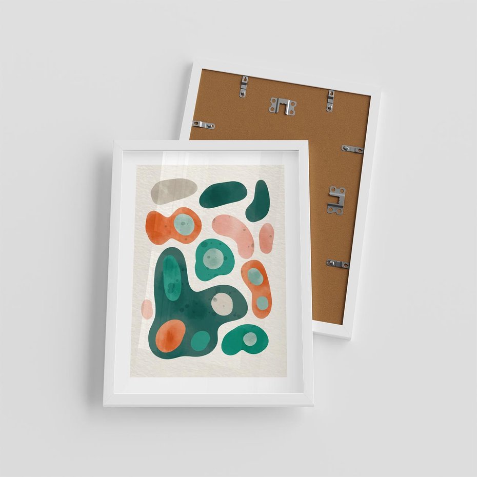 Plakat w ramie 30x40 - Kolorowe Przenikanie - przypadkowe abstrakcyjne plamy, pomarańczowy i zielony - rama biała