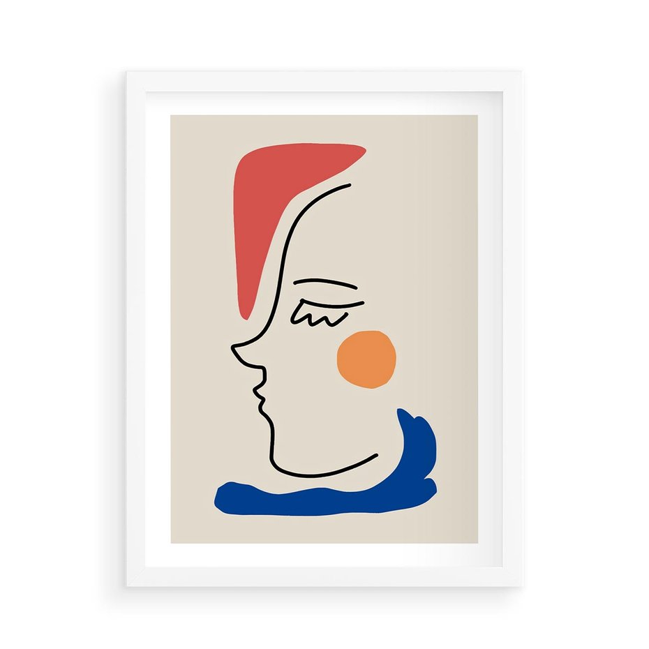 Plakat w ramie 50x70 - Impresje Kształtów - abstrakcyjny obraz, przypomina twarz - rama biała