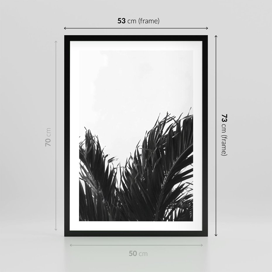 Plakat w ramie 50x70 - Tropikalna Uroda w Czerni i Bieli - fotografia czarno biała, liście palmy - rama czarna