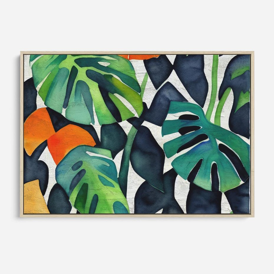 Obraz w ramie 70x50 - Tropikalne Pragnienia - akwarela, liście tropikalne - rama drewno