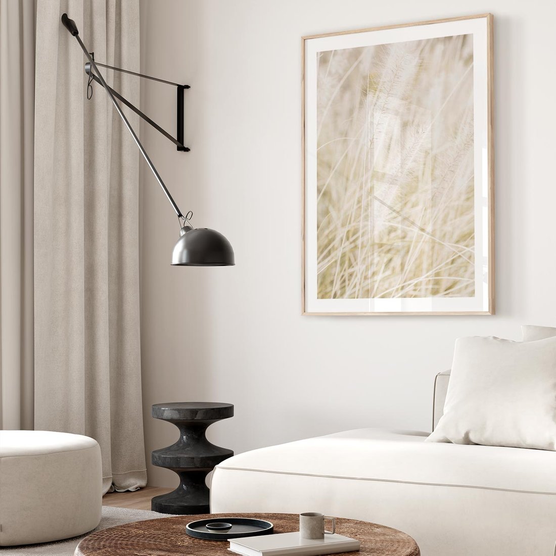 Plakat w ramie 50x70 - Białe Trawy Pampas - suche trawy, białe trawy - rama drewno