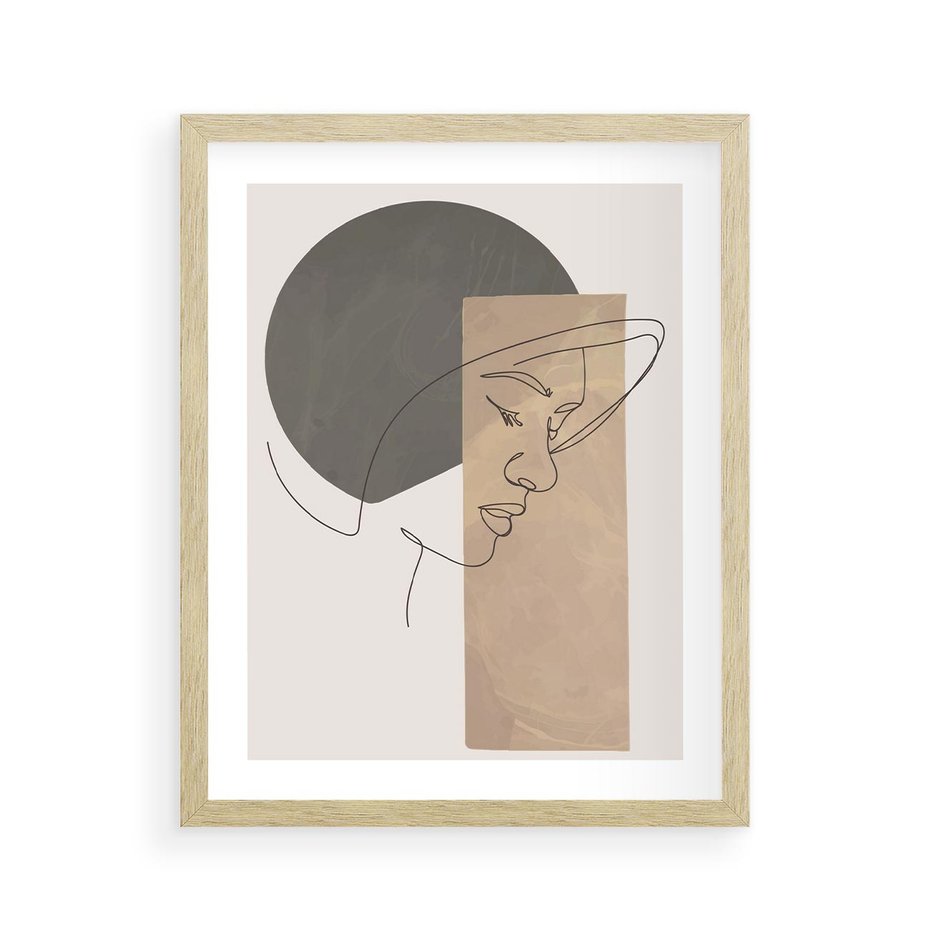 Plakat w ramie 40x50 - Jedną Linią: Kobieca Twarz - abstrakcja, plamy w tle - rama drewno