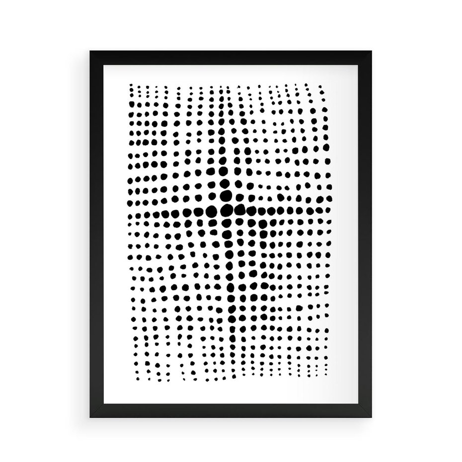 Plakat w ramie 50x70 - Refleksje Monochromatycznych Widoków - abstrakcyjna kompozycja z czarnych kropek, minimalistyczny czarno bialy plakat - rama czarna
