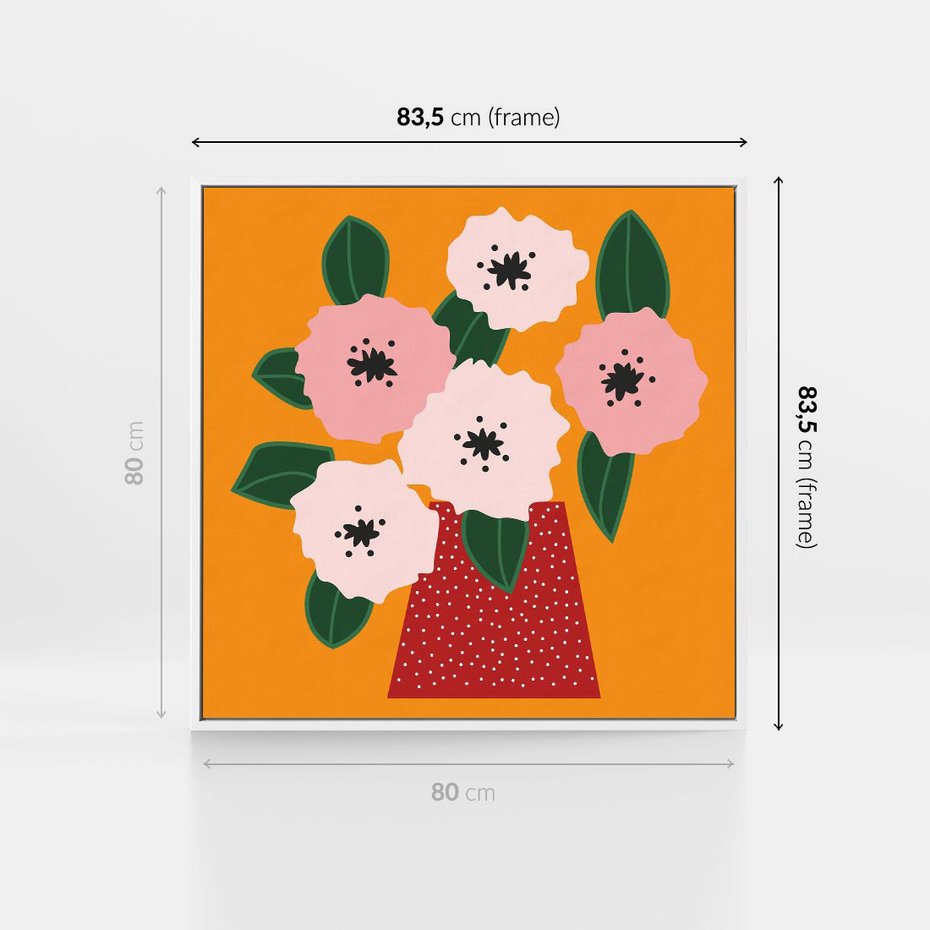 Obraz w ramie 80x80 - Harmonijne Granice - abstrakcyjne kwiaty, żółte tło - rama biała