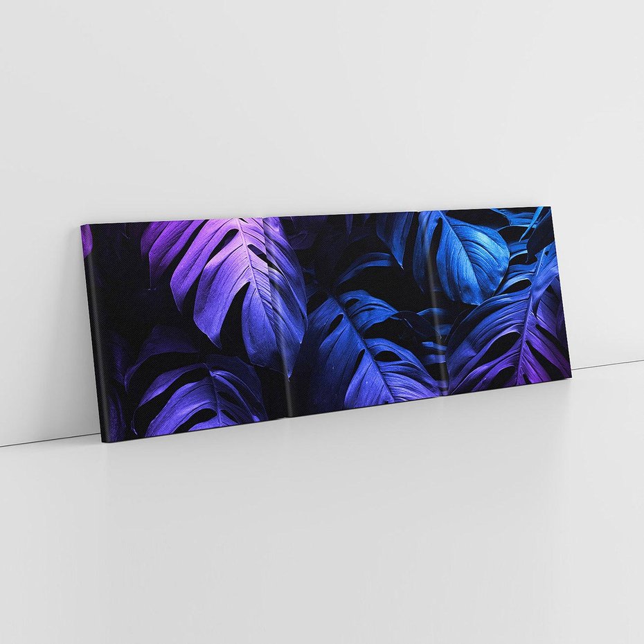 Obraz na płótnie 150x50 - Mroczna Magia Dżungli - mroczna grafika, fioletowe liście monstery na czarnym tle