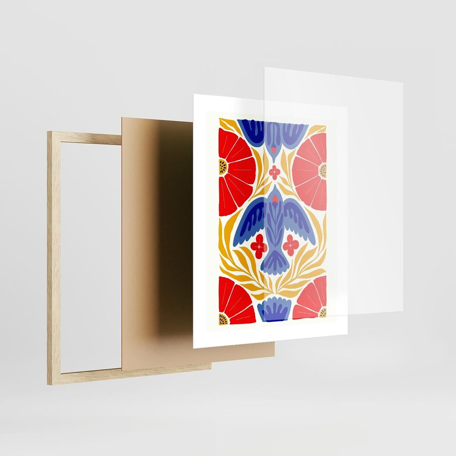 Plakat w ramie 40x50 - Eklektyczny Majestat - wyrazista grafika, mocne kolory czerwień niebieski żółty - rama drewno