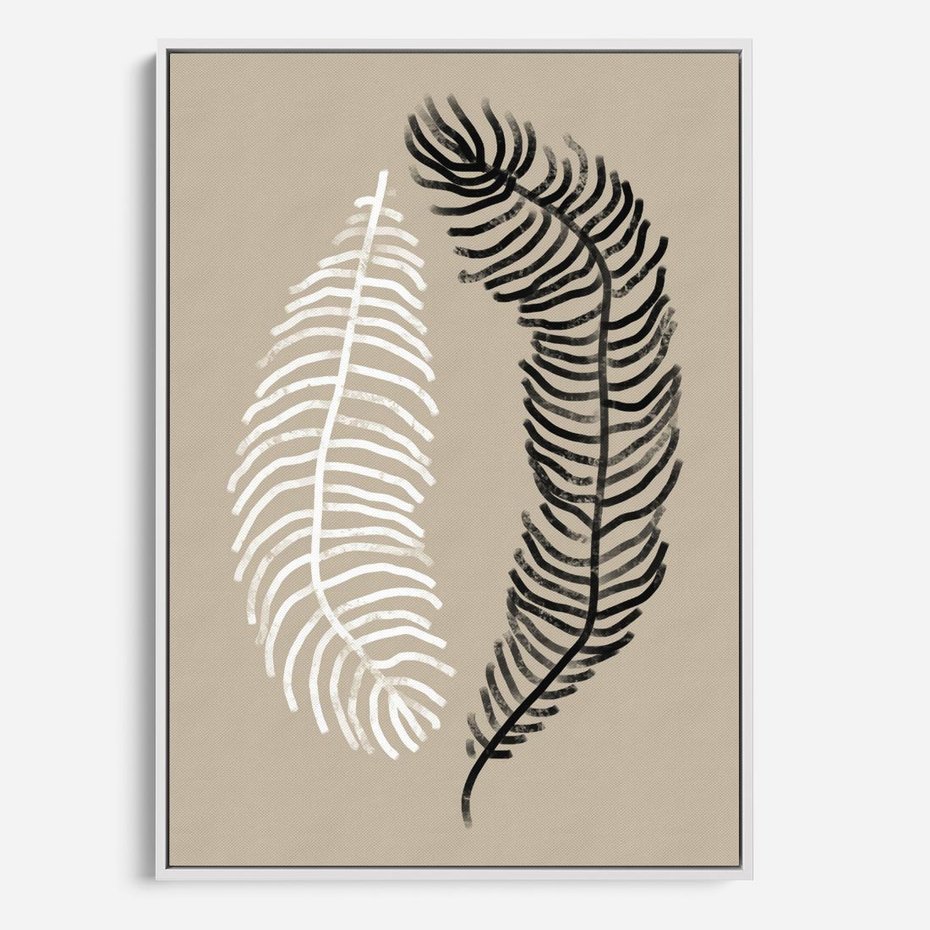 Obraz w ramie 80x120 - Spleciona Harmonia - sztuka nowoczesna, białe i czarne pióro - rama biała