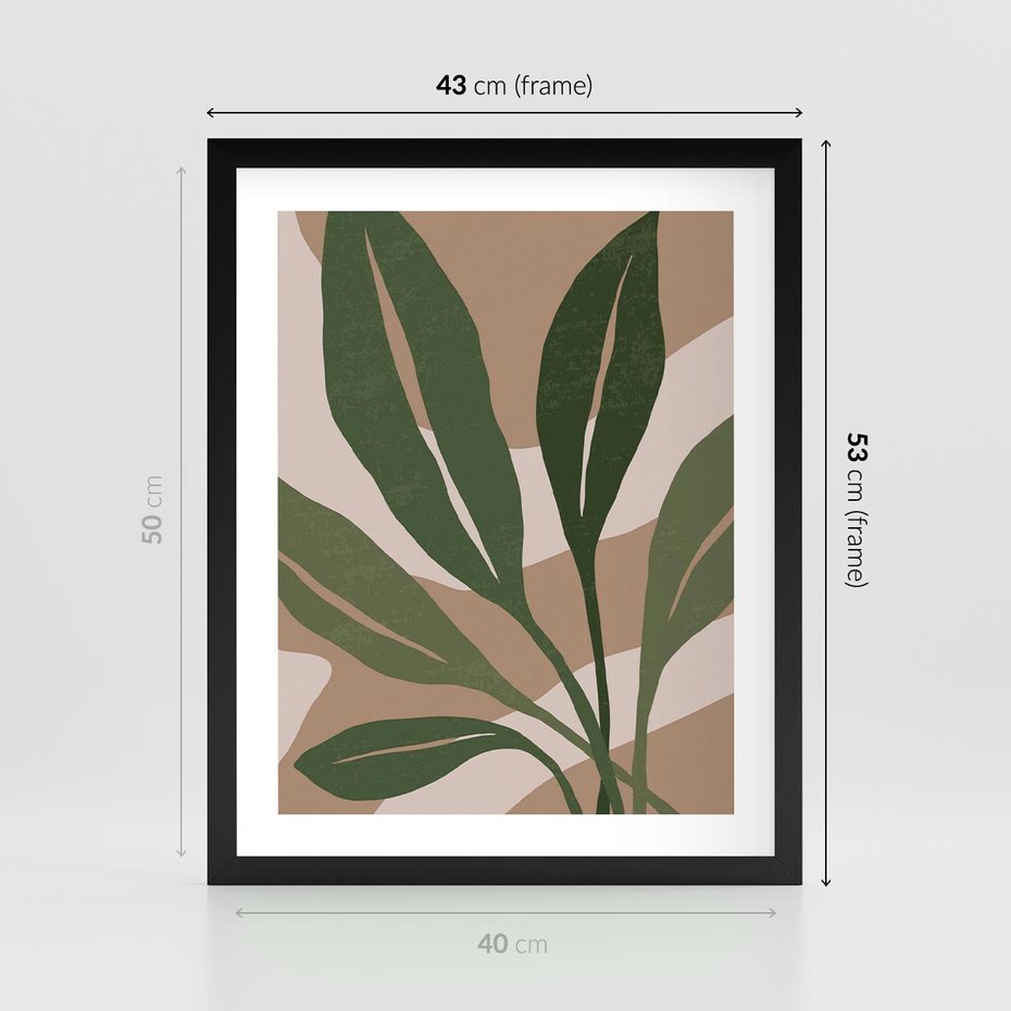 Plakat w ramie 40x50 - Nowoczesność Natury: Plakat z Zielonymi Liśćmi - nowoczesny plakat, beż - rama czarna