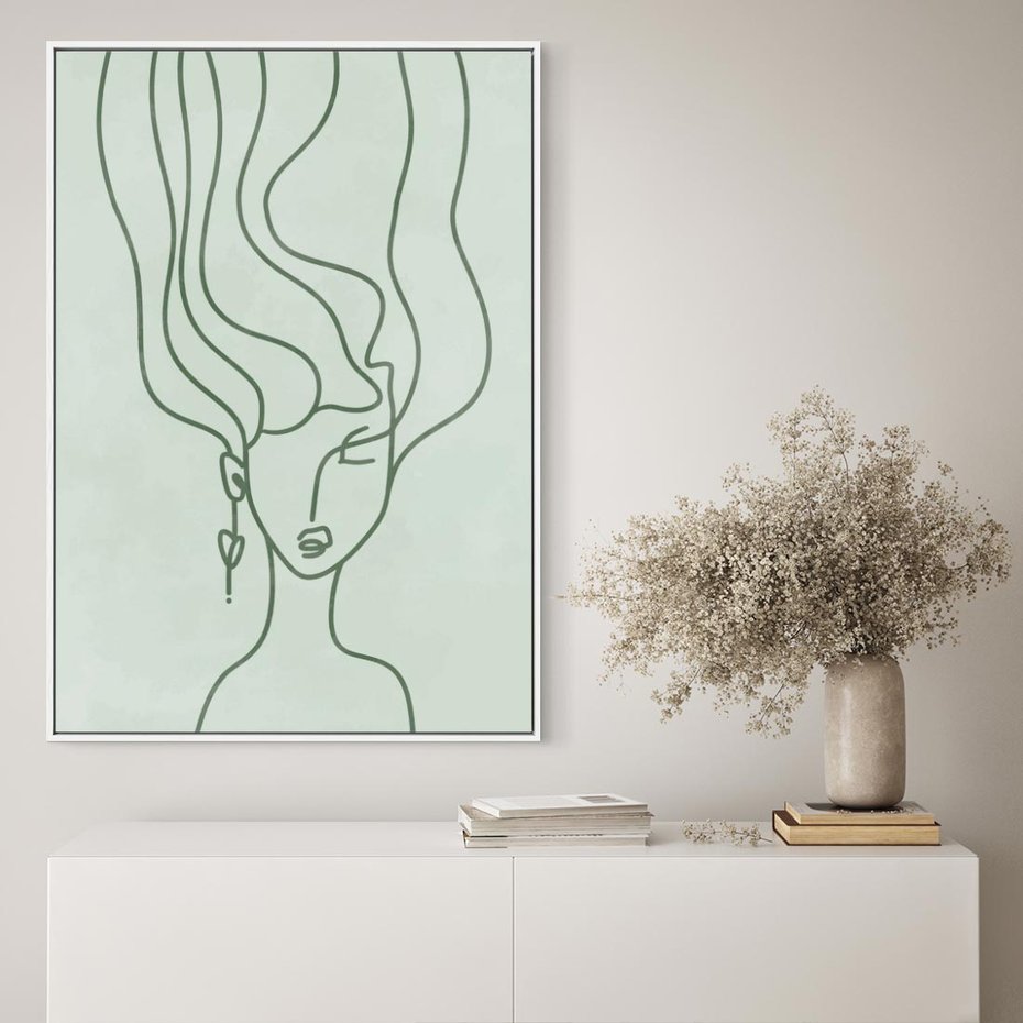 Obraz w ramie 80x120 - Spokojne Objęcia Natury - abstrakcja, zielony szkic - rama biała