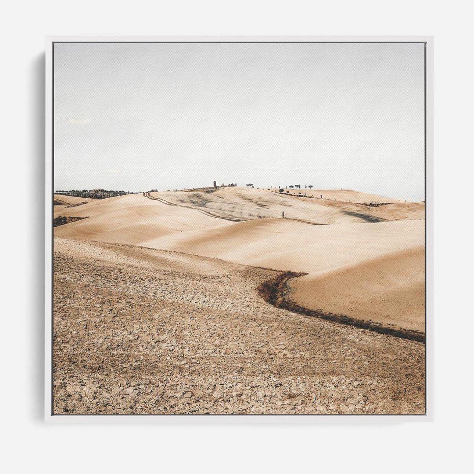 Obraz w ramie 80x80 - Refleksyjny taniec myśli - pustynny krajobraz, odcienie sepii - rama biała
