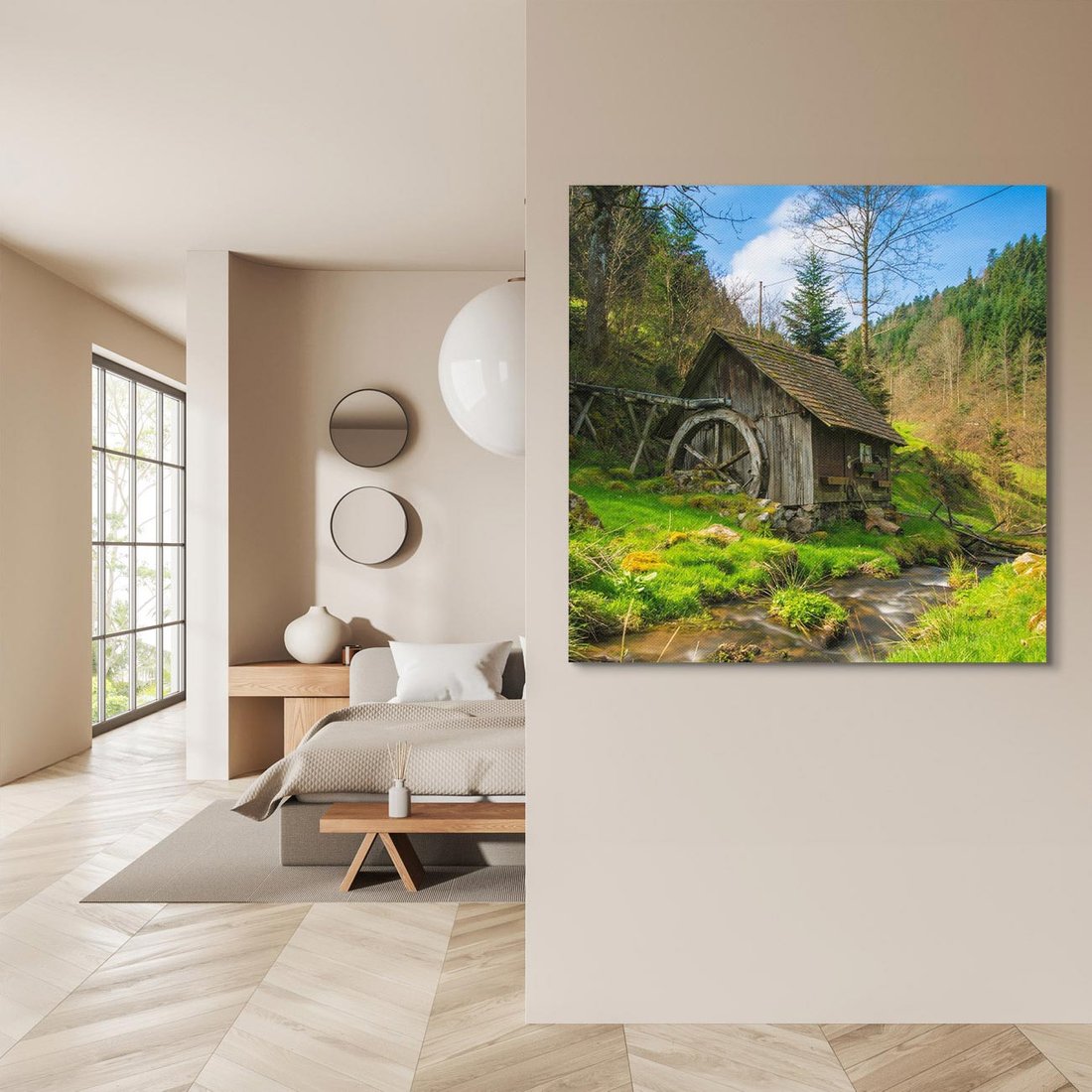 Obraz na płótnie 70x70 - Urok górskiego domku nad strumykiem - domek, góry