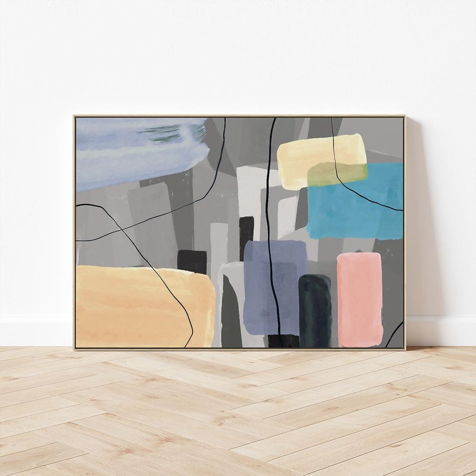 Obraz w ramie 100x70 - Harmonia w chaosie serca - abstrakcja na szarym tle, kolorowe plamy koloru - rama drewno