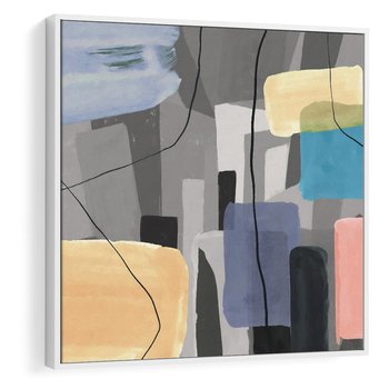 Obraz w ramie 80x80 - Harmonia w chaosie serca - abstrakcja na szarym tle, kolorowe plamy koloru - rama biała