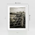 Plakat w ramie 40x50 - Wiejski Urok: Stary Płot i Kwitnący Krzew - rustykalne zdjęcie, stary płot - rama biała